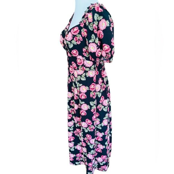 Unique Vintage Floral Pink and Black midi/maxi Dress w/sweetheart neck size L - Picture 6 of 8